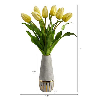 Dutch Tulip Artificial Arrangement In Stoneware Vase With Gold Trimming