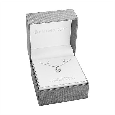 PRIMROSE Sterling Silver Cubic Zirconia Stud Earrings & Round Pendant Necklace Set