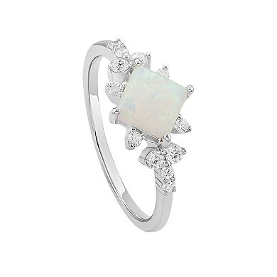PRIMROSE Sterling Silver Opal & Cubic Zirconia Square Center Stone Ring