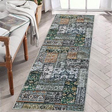 Glowsol Vintage Living Room Rug With Patchwork Design Machine Washable Throw Carpet For Bedroom