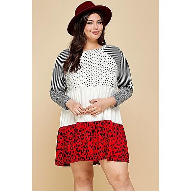 Plus Size Cute Polka Dot And Animal Print Contrast Swing Tiered Dress