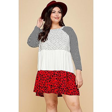 Plus Size Cute Polka Dot And Animal Print Contrast Swing Tiered Dress