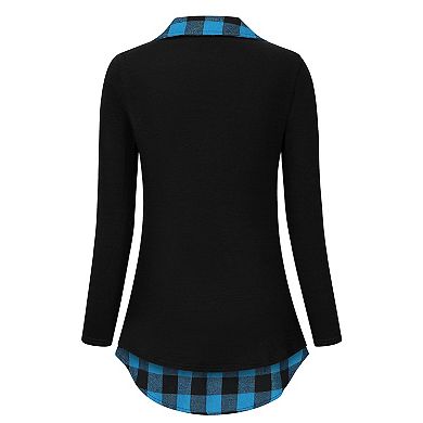 Women's Long Sleeve Contrast Collared Shirts Patchwork Work Blouse Tunics Tops