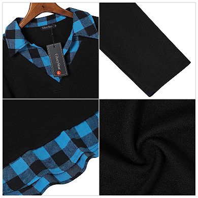 Women's Long Sleeve Contrast Collared Shirts Patchwork Work Blouse Tunics Tops