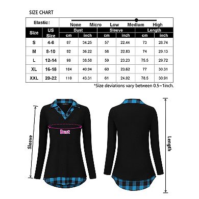 Women's Long Sleeve Contrast Collared Shirts Patchwork Work Blouse Tunics Tops