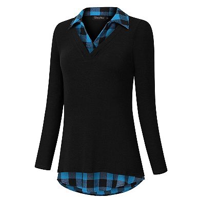 Women's Long Sleeve Contrast Collared Shirts Patchwork Work Blouse Tunics Tops