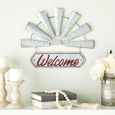 Rustic Farmhouse Wall Decor Welcome Sign With Metal Chains, White, 17 X 15 In