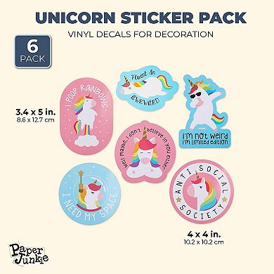 Unicorn Stickers For Decorating Laptops, Water Bottles (6 Designs, 6 Pack)