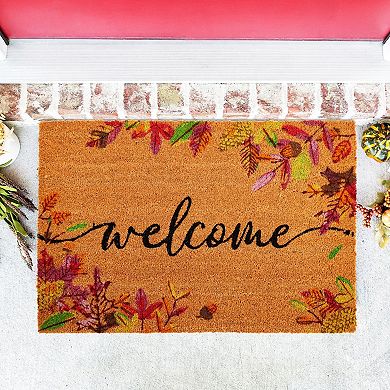 Natural Coir Welcome Door Mat, Autumn Leaves, Fall Decor, 24 X 36 Inches