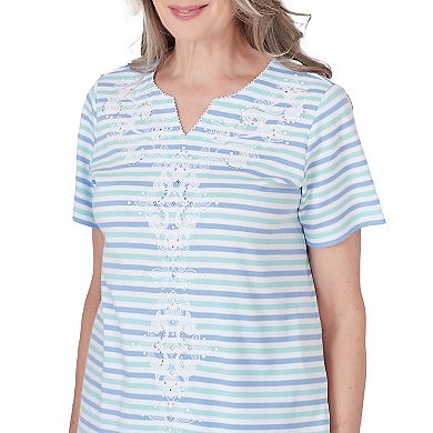 Women's Alfred Dunner Medallion Embroidered Notch Neck Short Sleeve Top