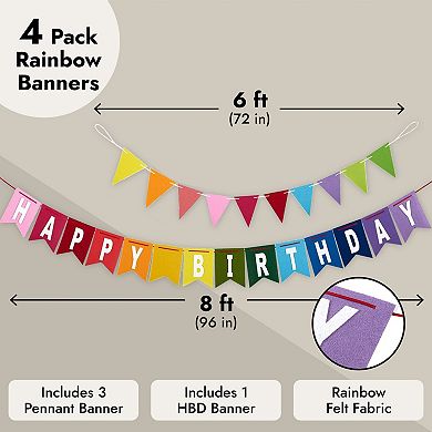8 Feet Rainbow Happy Birthday Banner With 3 Felt Pennant Flag Banners (6 Feet)