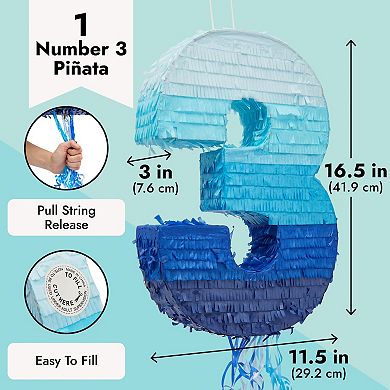 Number 3 Pull String Pinata For 3rd Birthday Decorations, Blue, 16.5 X 11 In