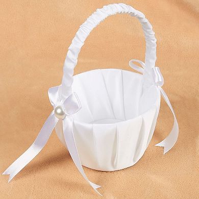White Flower Girl Basket For Wedding, Satin Bowknot With Pearl, 8 X 5.2 X 6"