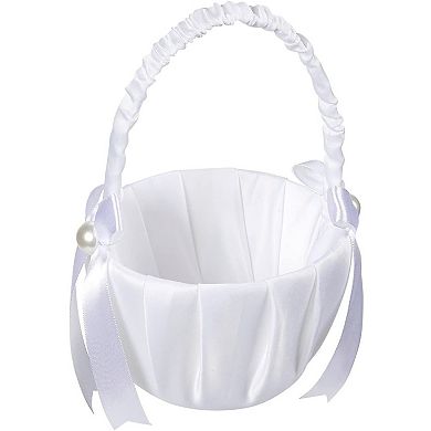 White Flower Girl Basket For Wedding, Satin Bowknot With Pearl, 8 X 5.2 X 6"