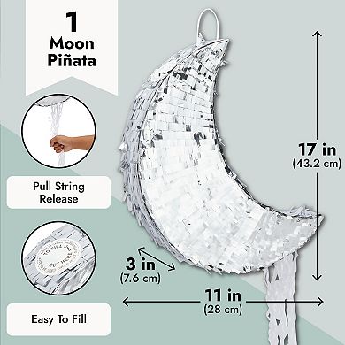 Silver Pull String Crescent Moon Pinata For Birthday, Gender Reveal, 17x11x3