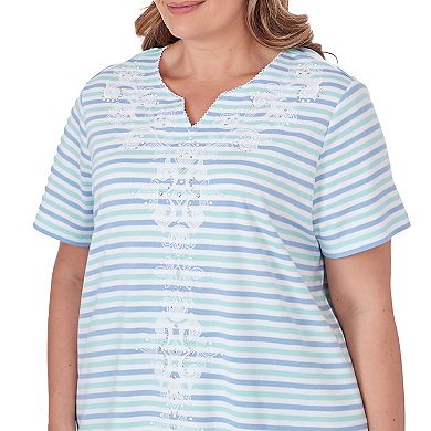 Plus Size Alfred Dunner Medallion Embroidered Notch Neck Short Sleeve Top