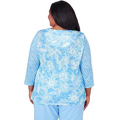 Plus Size Alfred Dunner Batik Floral Print Crewneck 3/4-Sleeve Top