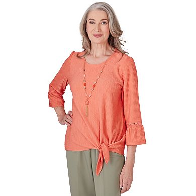 Petite Alfred Dunner Crinkly Tie Hem 3/4-Sleeve Top with Necklace