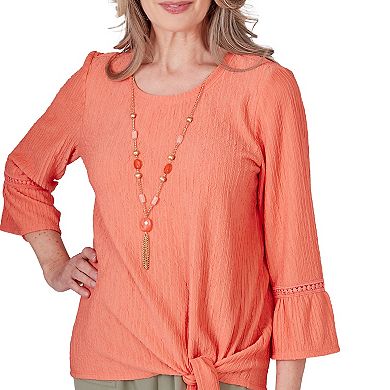 Petite Alfred Dunner Crinkly Tie Hem 3/4-Sleeve Top with Necklace