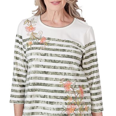 Petite Alfred Dunner Marble Striped Floral Embroidered Crewneck 3/4-Sleeve Top