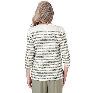 Petite Alfred Dunner Marble Striped Floral Embroidered Crewneck 3/4-Sleeve Top