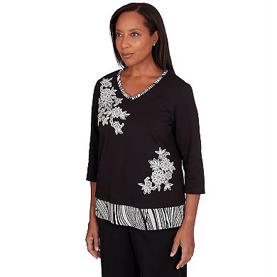 Petite Alfred Dunner Flower Top with Animal Print Trim