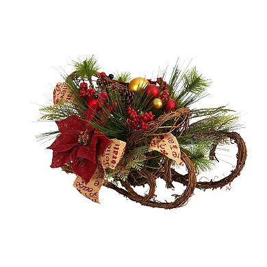 18” Christmas Sleigh With Poinsettia, Berries And Pinecone Artificial Arrangement With Ornaments