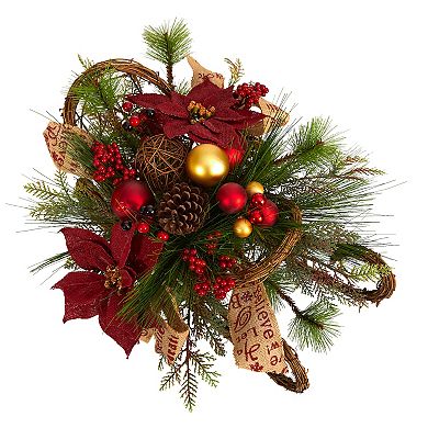 18” Christmas Sleigh With Poinsettia, Berries And Pinecone Artificial Arrangement With Ornaments