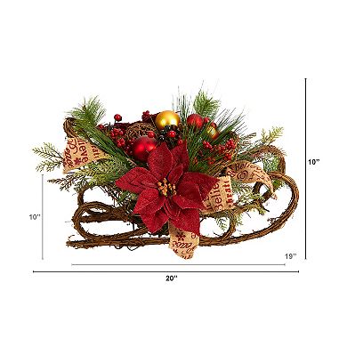 18” Christmas Sleigh With Poinsettia, Berries And Pinecone Artificial Arrangement With Ornaments