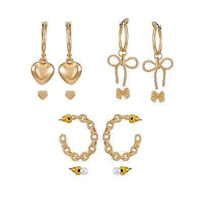 Berry Jewelry Gold Tone Hearts and Bows 6 Pair Earring Set