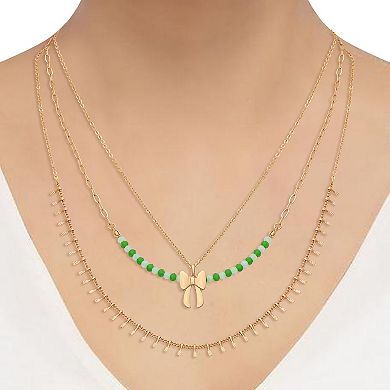 Berry Jewelry Gold Tone Green Beaded Bow Charm Layered Chain Necklace