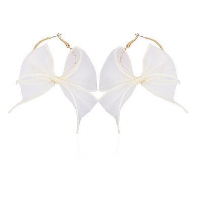 Berry Jewelry Large Organza Cream Bow Ribbon Gold Tone Hoop Earrings
