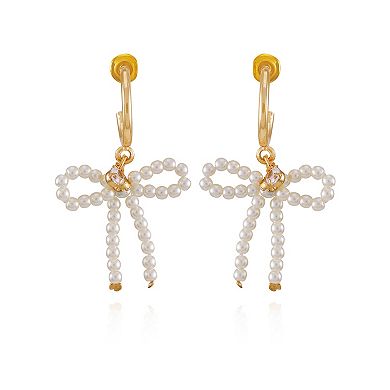 Berry Jewelry Gold Tone Simulated Pearl Bow Drop Hoop Earrings