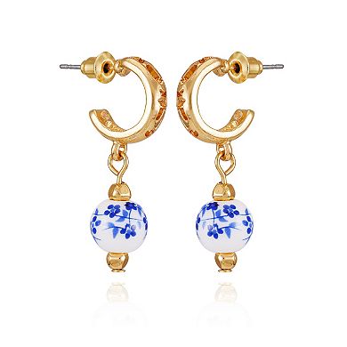 Berry Jewelry Gold Tone Blue Cloisonne Bead Drop Hoop Earrings