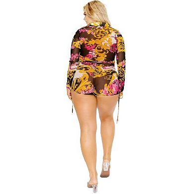 Plus Gold & Floral Pattern Print Belted Romper