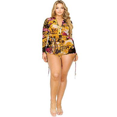 Plus Gold & Floral Pattern Print Belted Romper