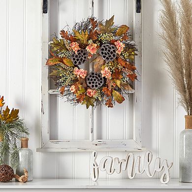 22” Autumn Hydrangea, Dried Lotus Pod Artificial Fall Wreath