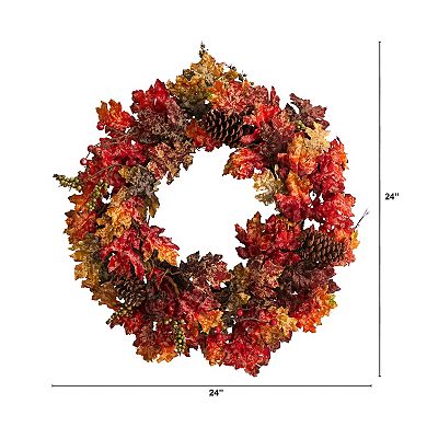 24” Autumn Maple, Berries And Pinecone Fall Artificial Wreath