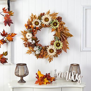 30” Autumn Sunflower, White Pumpkin And Berries Artificial Fall Wreath