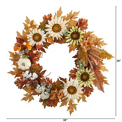 30” Autumn Sunflower, White Pumpkin And Berries Artificial Fall Wreath