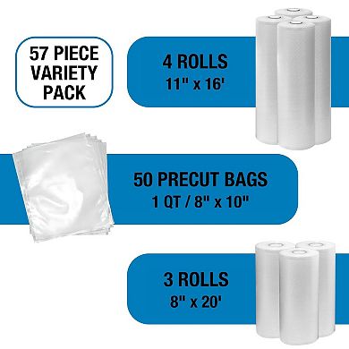 Kenmore Food Sealer Bags Variety Pack with 7 Rolls and 50 Quart Bags