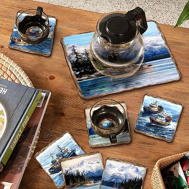 Fishing Boats Wooden Cork Placemat And Coasters Gift Set Of 7