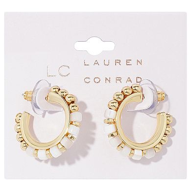 LC Lauren Conrad Gold Tone White Beaded J Hoop Earrings
