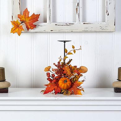 12” Fall Maple Leaves, Berries And Pumpkin Autumn Harvest Candle Holder