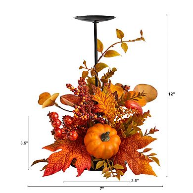 12” Fall Maple Leaves, Berries And Pumpkin Autumn Harvest Candle Holder