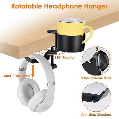 Black, 2-in-1 Desk Cup Holder Anti-spill, 360° Rotating Headphone Hanger