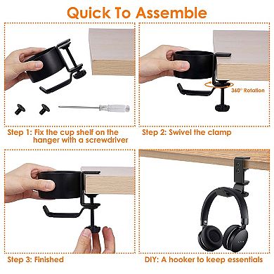 Black, 2-in-1 Desk Cup Holder Anti-spill, 360° Rotating Headphone Hanger