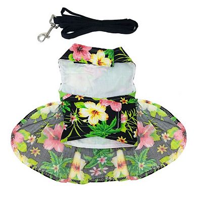 Doggie Design Twilight Black Hawaiian Hibiscus Dog Dress With Leash