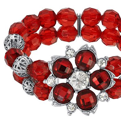 1928 Silver Tone Red Beaded Crystal Flower Stretch Bracelet