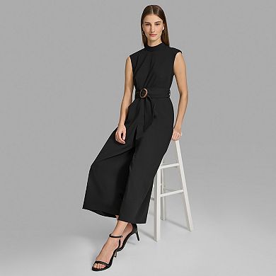 Women's Andrew Marc Cap Sleeve Fit And Flare Belted Jumpsuit